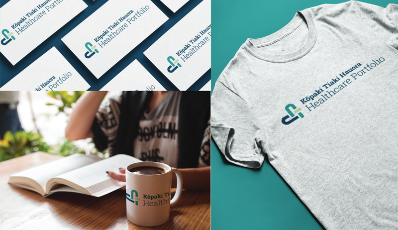 Business cards, a mug and a t-shirt all branded with Kōpaki Tiaki Hauora Healthcare Portfolio&#x27;s new design, including the woven heart.