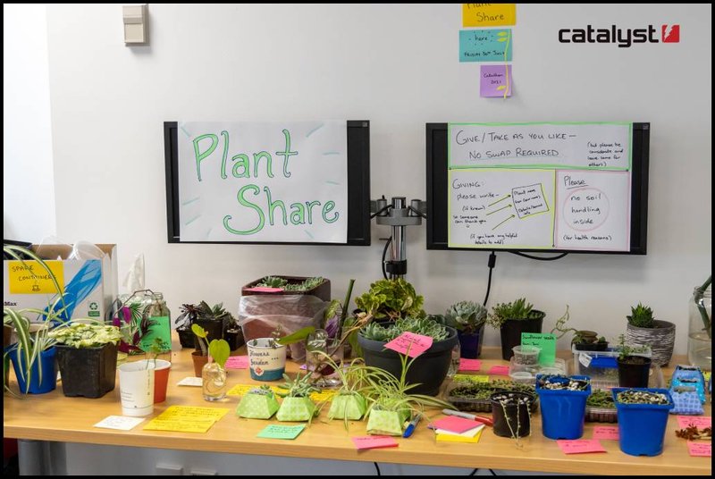 A desk with a collection of plants, and a sign that reads Plant Share.