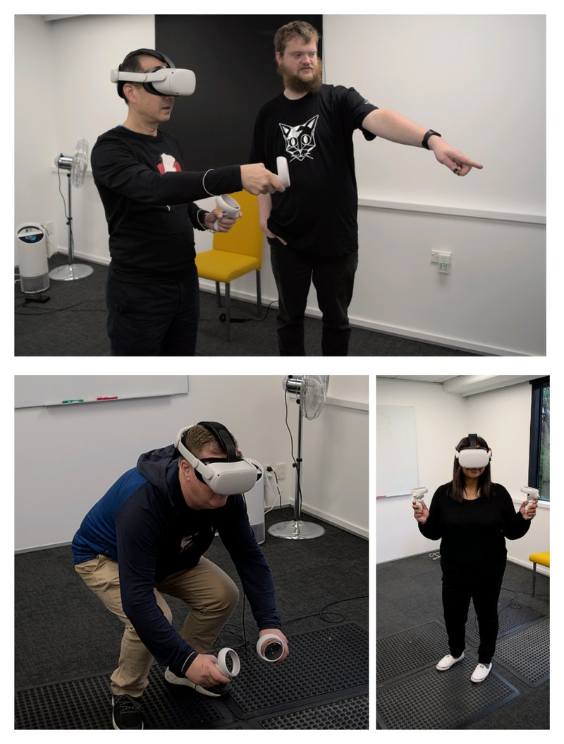 A collection of three photos of people standing in a room wearing virtual reality headsets.